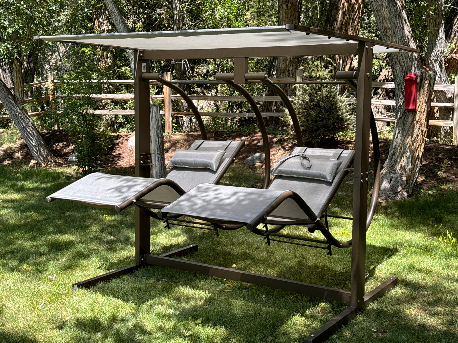 Luxurious double zero gravity porch swing in bronze and mica pearl 